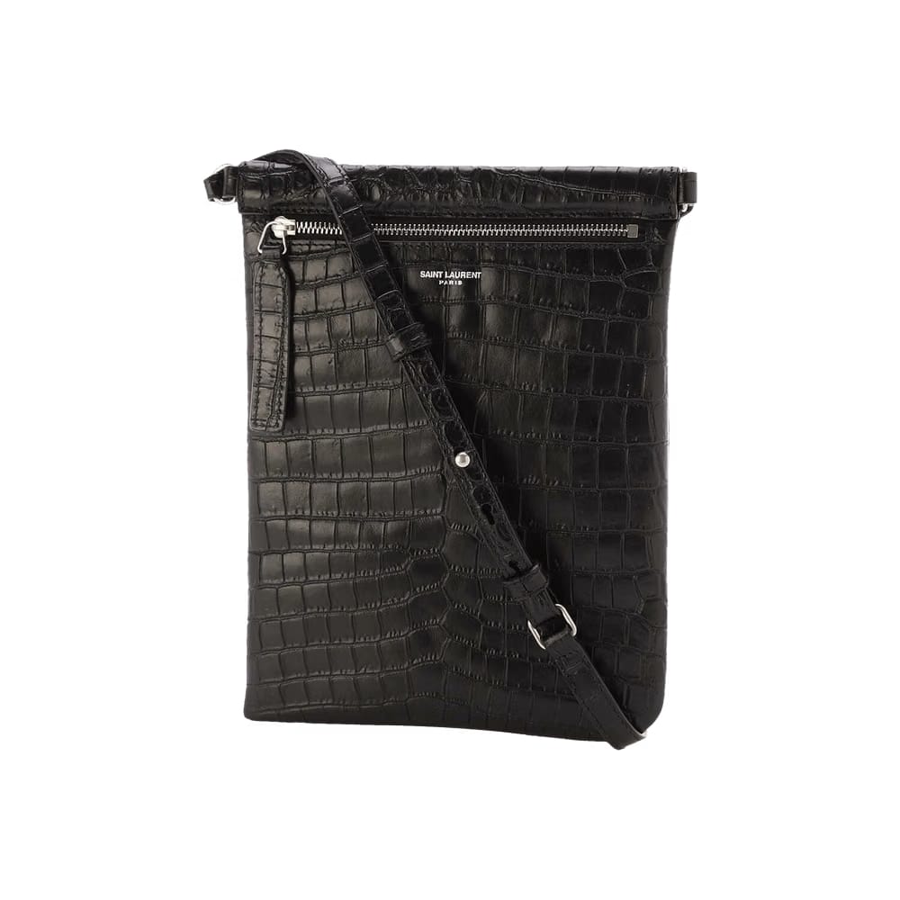 Saint Laurent Croco Print Shoulder Bag Black