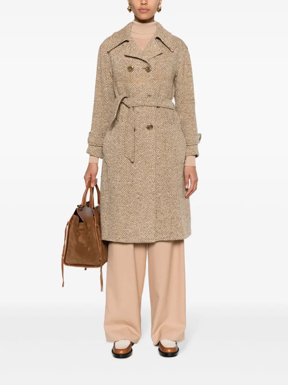 1970s herringbone pattern box-pleat detail coat