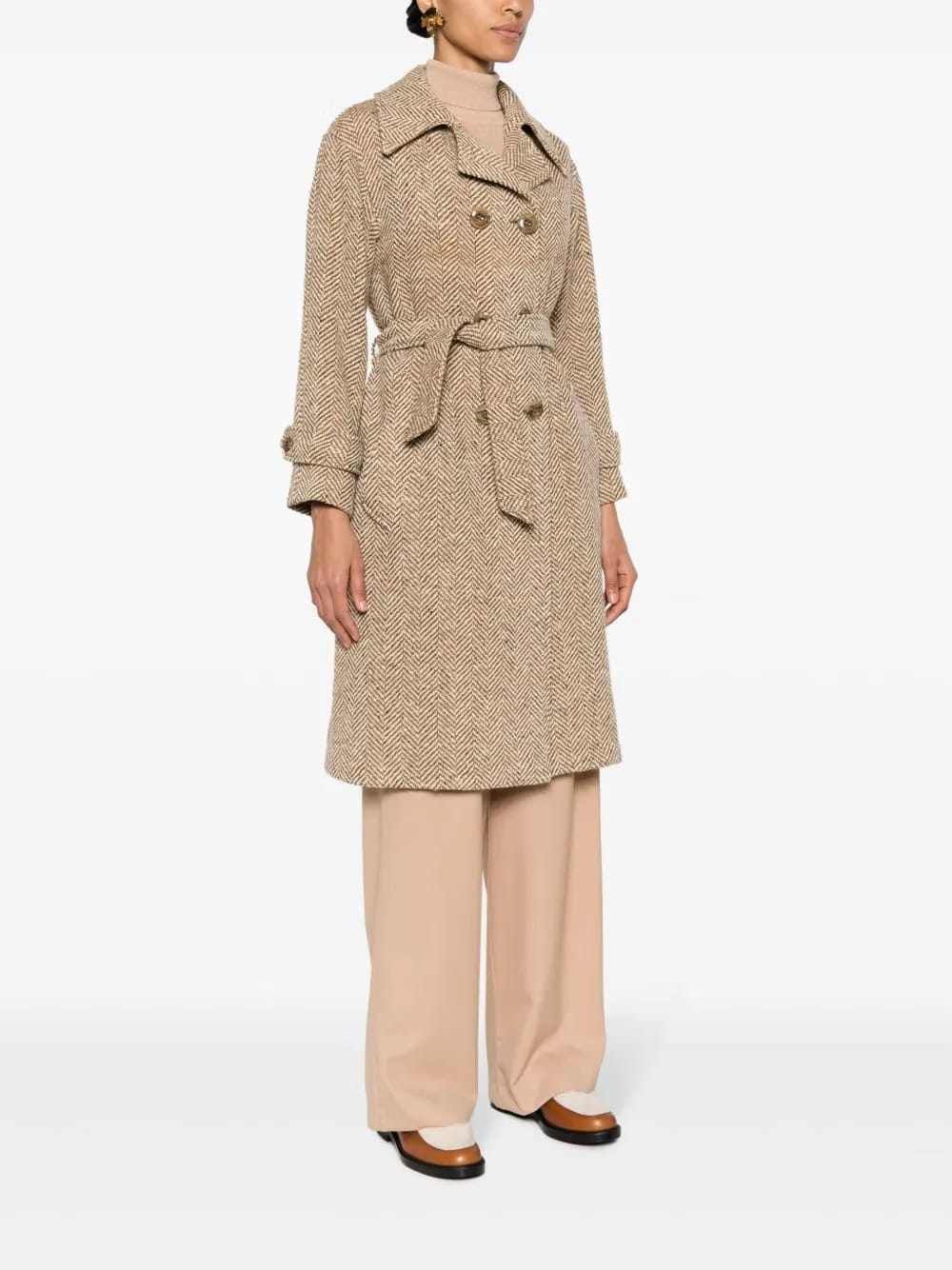 1970s herringbone pattern box-pleat detail coat