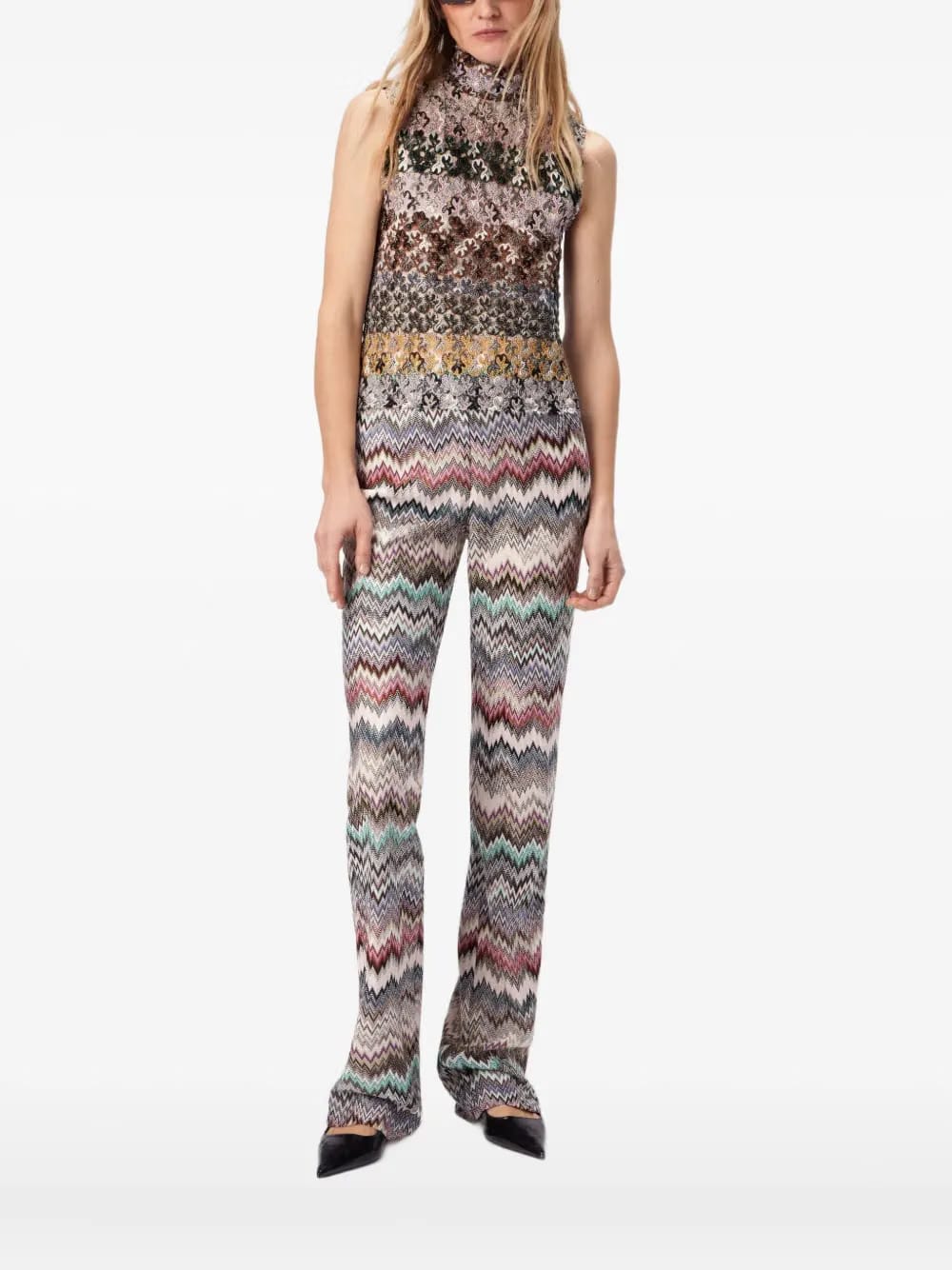 high-neck floral-pattern top