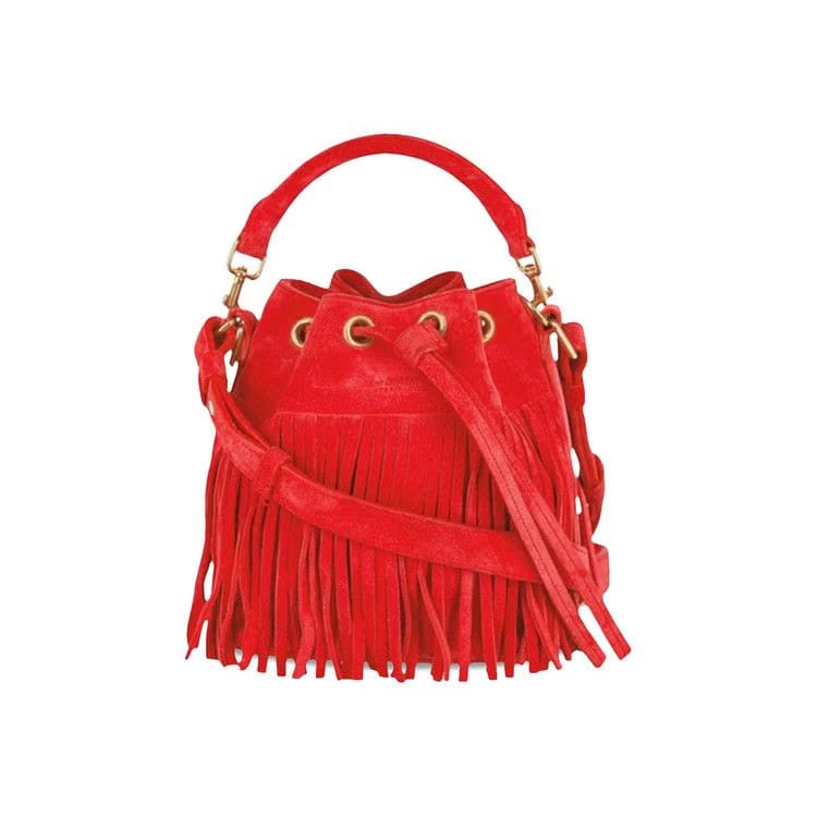 Saint Laurent Emmanuelle Suede Fringe Bucket Bag Red