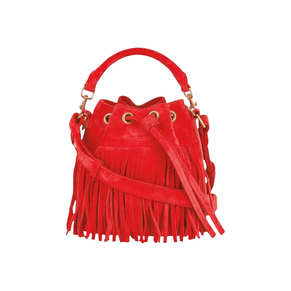 Saint Laurent Emmanuelle Suede Fringe Bucket Bag Red