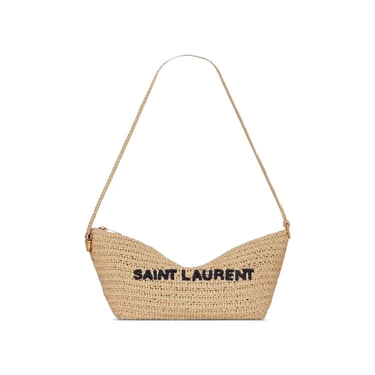 Saint Laurent Logo Embroidered Zip Up Shoulder Bag Natural/Black
