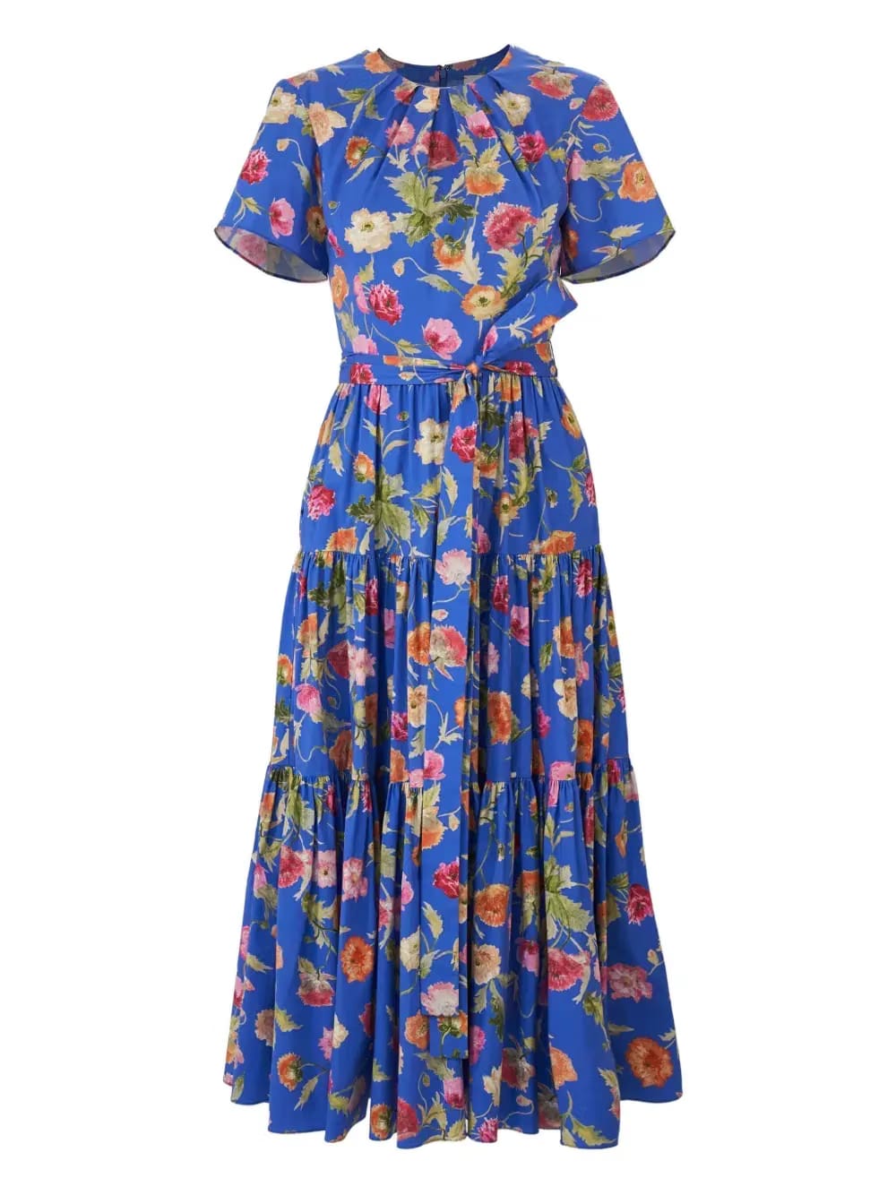 poppy-print tiered midi dress with sash