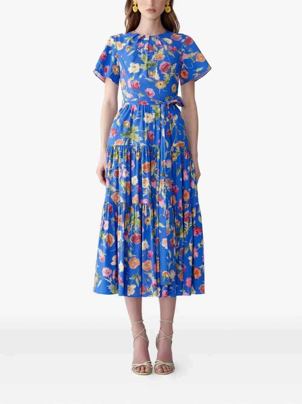 poppy-print tiered midi dress with sash