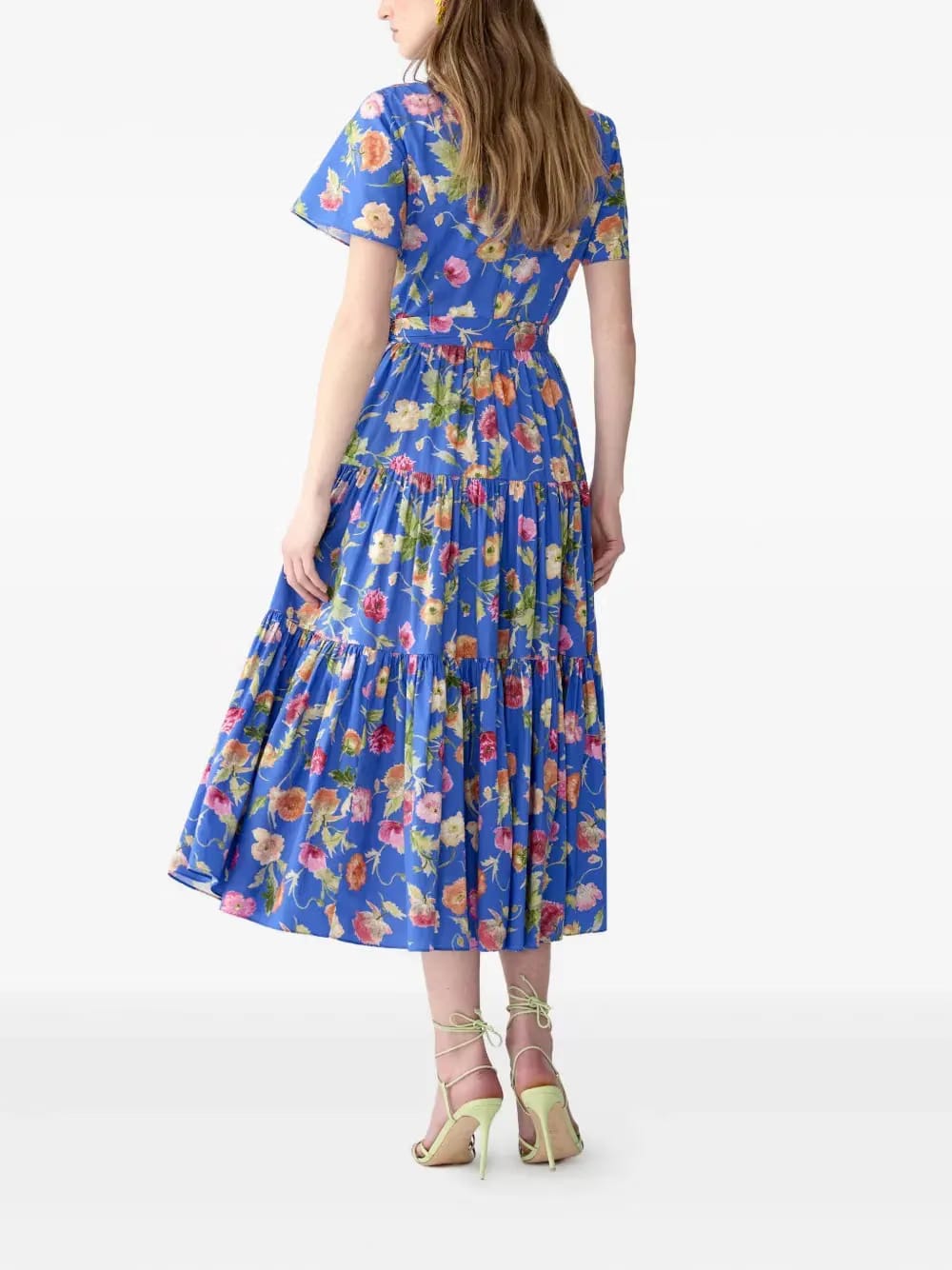 poppy-print tiered midi dress with sash