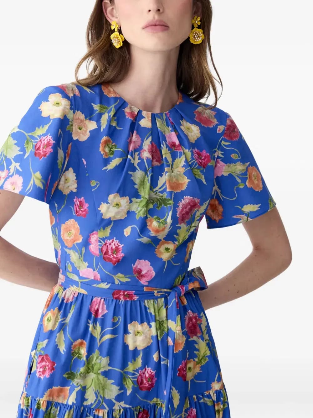 poppy-print tiered midi dress with sash