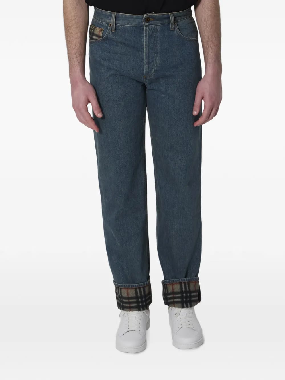 check turn-up straight jeans