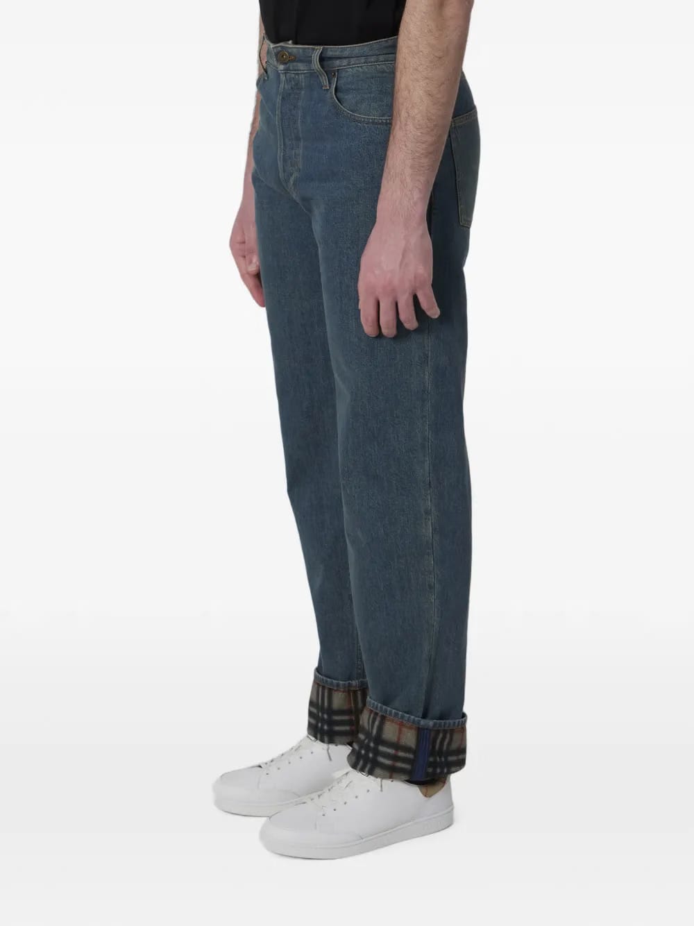 check turn-up straight jeans