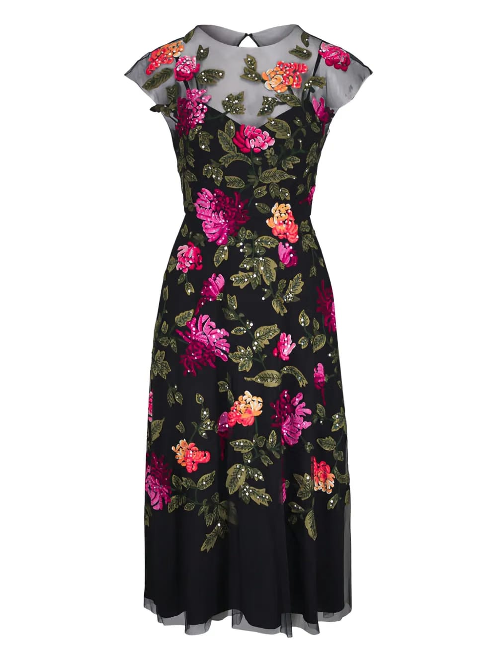 floral-embroidery tulle midi dress