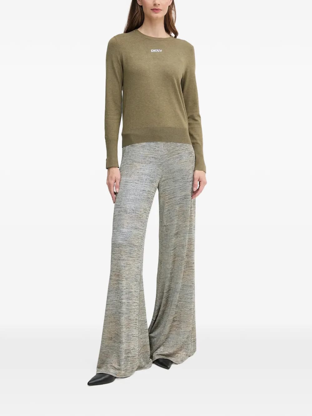 metallic-effect trousers
