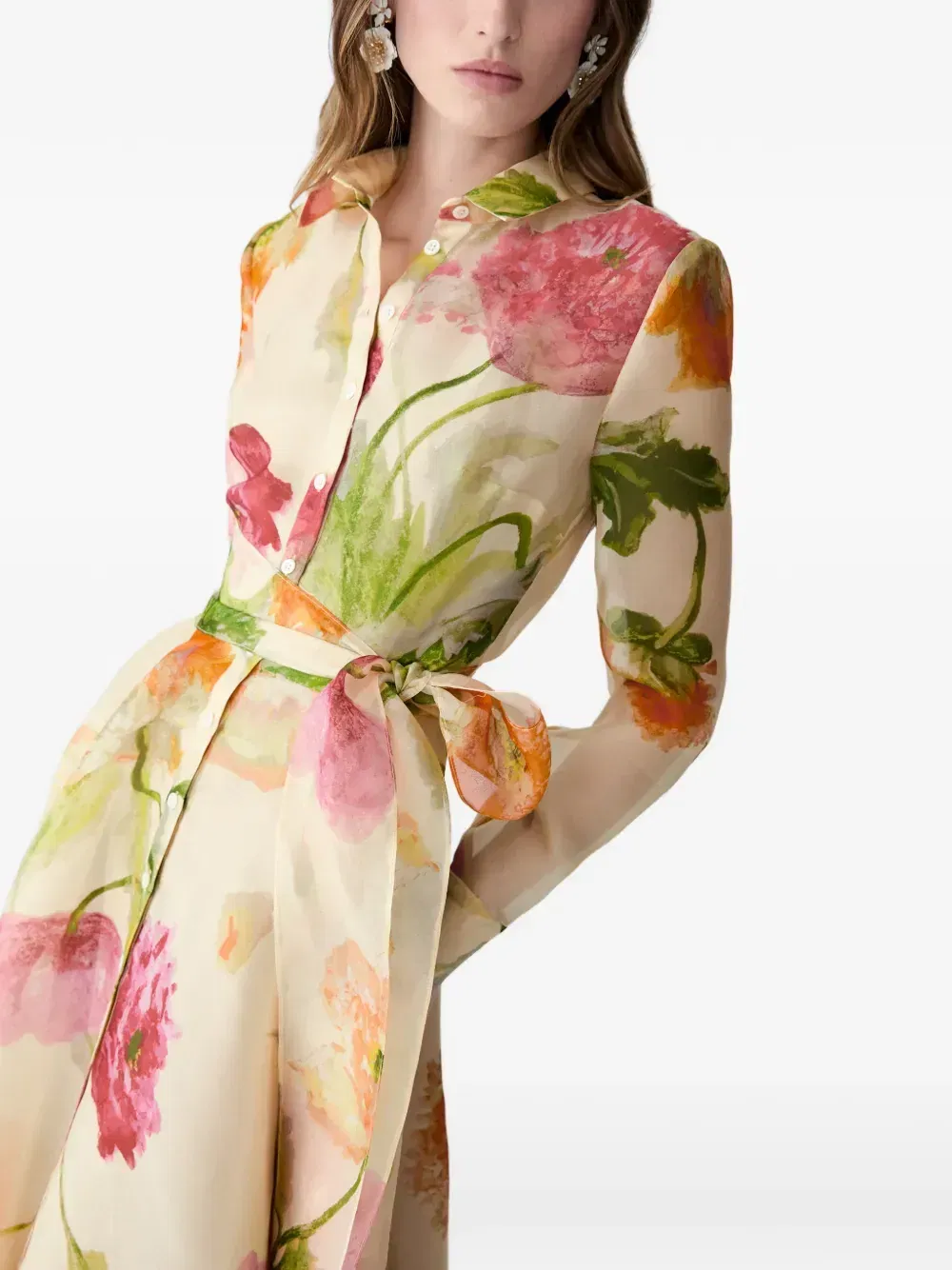 Poppy-print organza trench dress