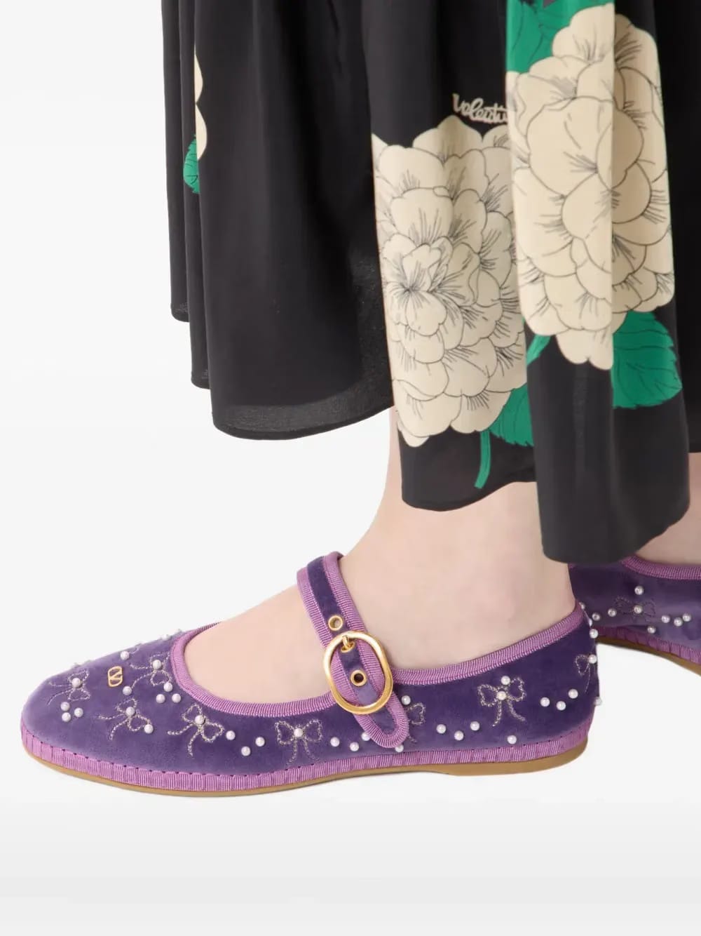 Mary-Jane endouce velvet ballerina with bow embroidery