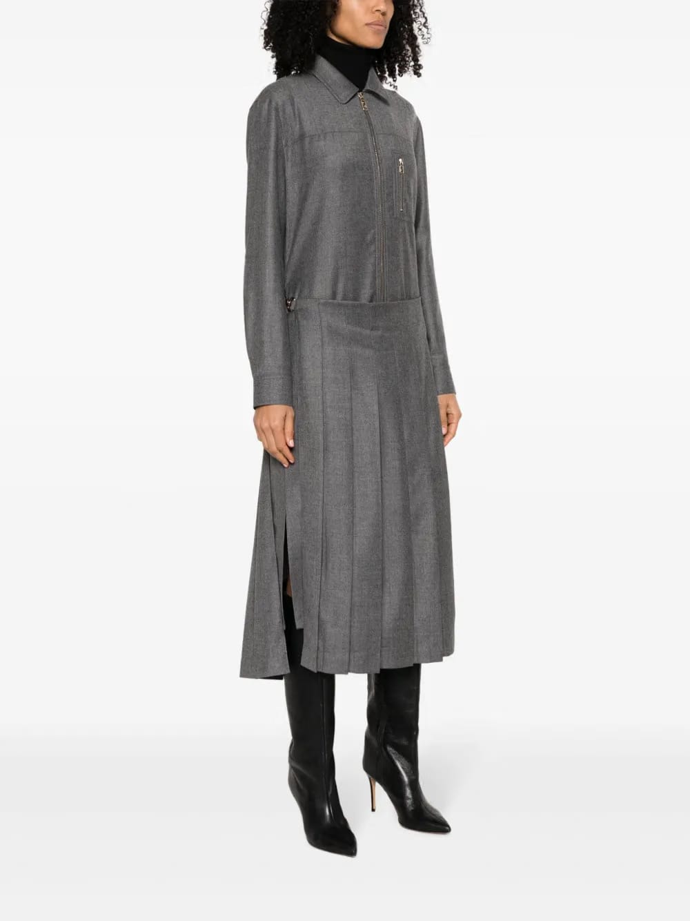 spread-collar pleated midi dress