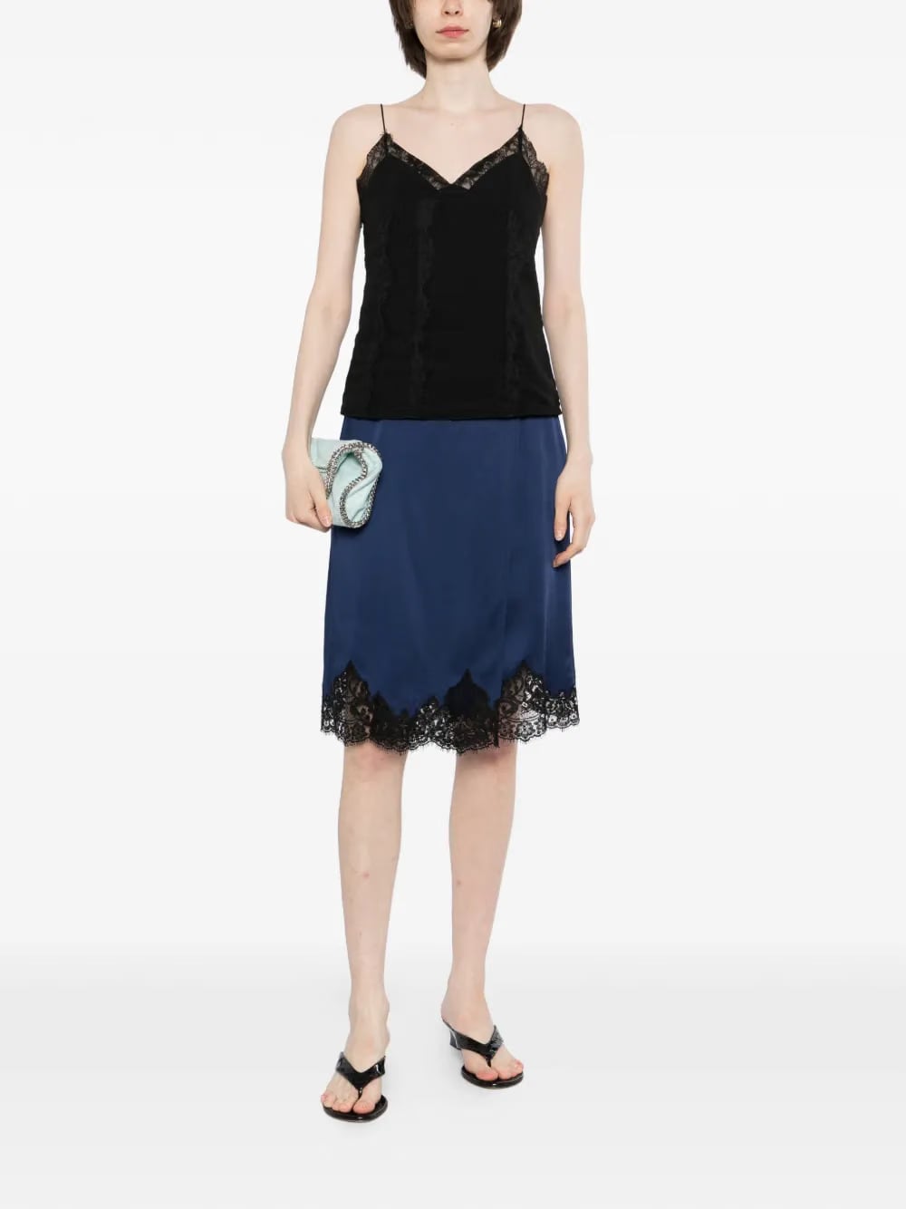 lace-trim satin midi skirt
