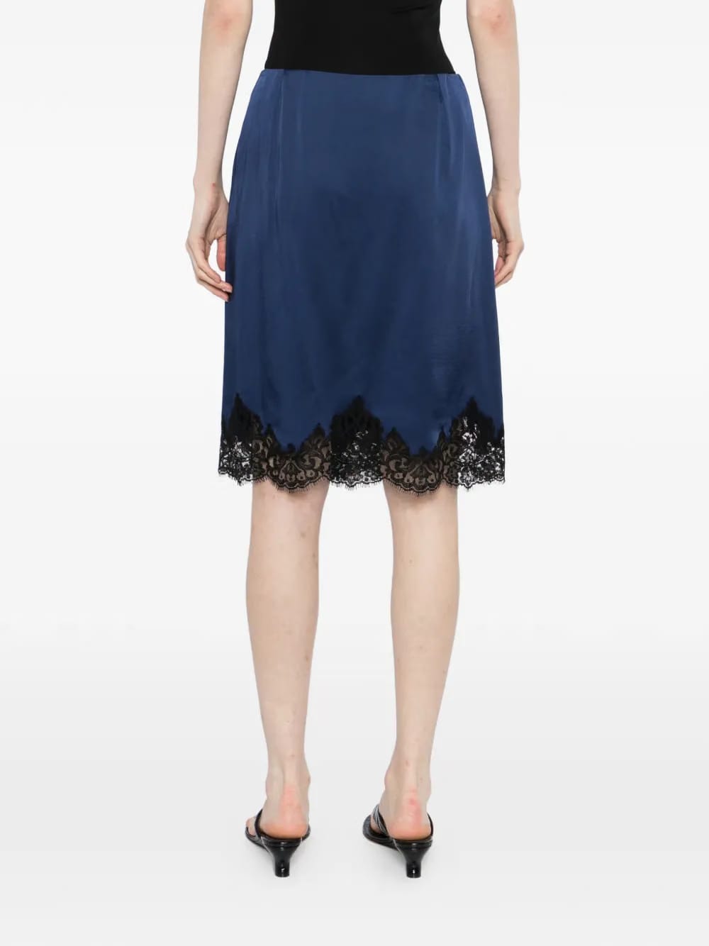 lace-trim satin midi skirt