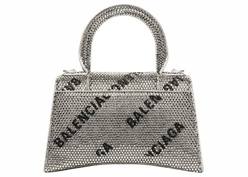Balenciaga Hourglass XS Handbag With Chain and Allover Logo Rhinestones Black