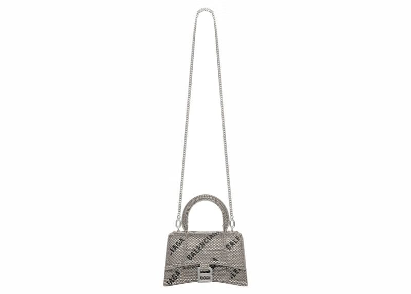 Balenciaga Hourglass XS Handbag With Chain and Allover Logo Rhinestones Black