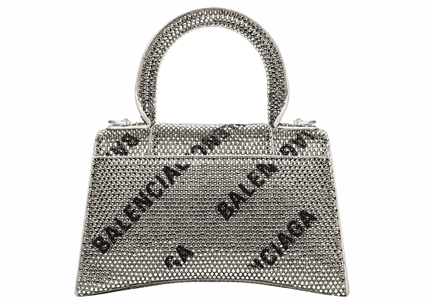 Balenciaga Hourglass XS Handbag With Chain and Allover Logo Rhinestones Black