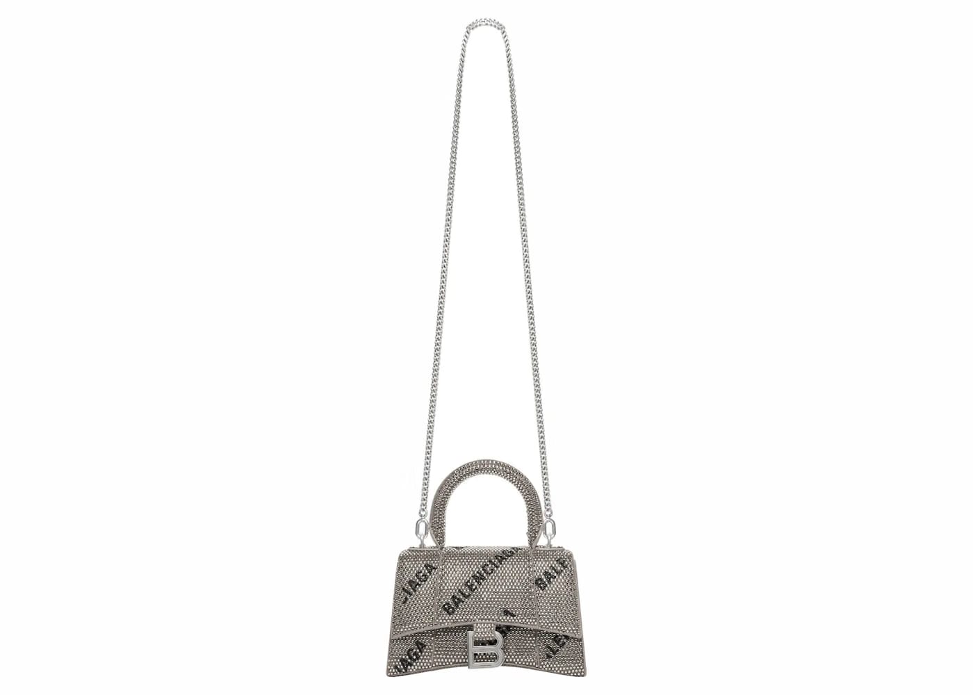 Balenciaga Hourglass XS Handbag With Chain and Allover Logo Rhinestones Black