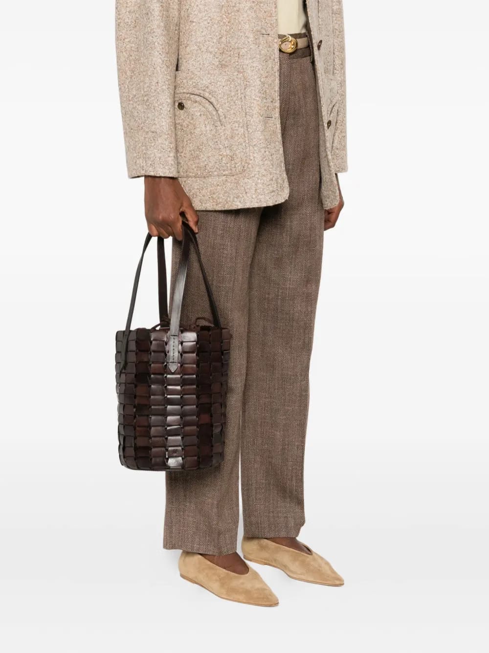 leather woven bucket bag