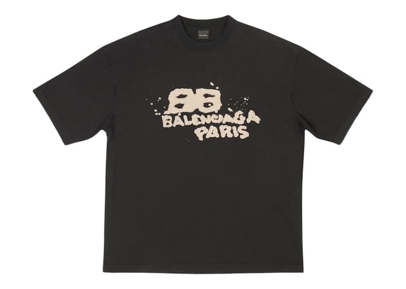 Balenciaga Men's Hand Drawn BB Icon Medium Fit Vintage T-Shirt Black/Beige