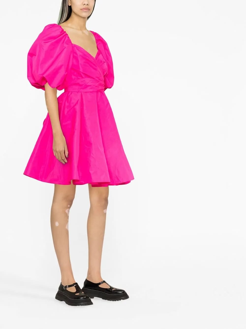 puff-sleeve flared dress