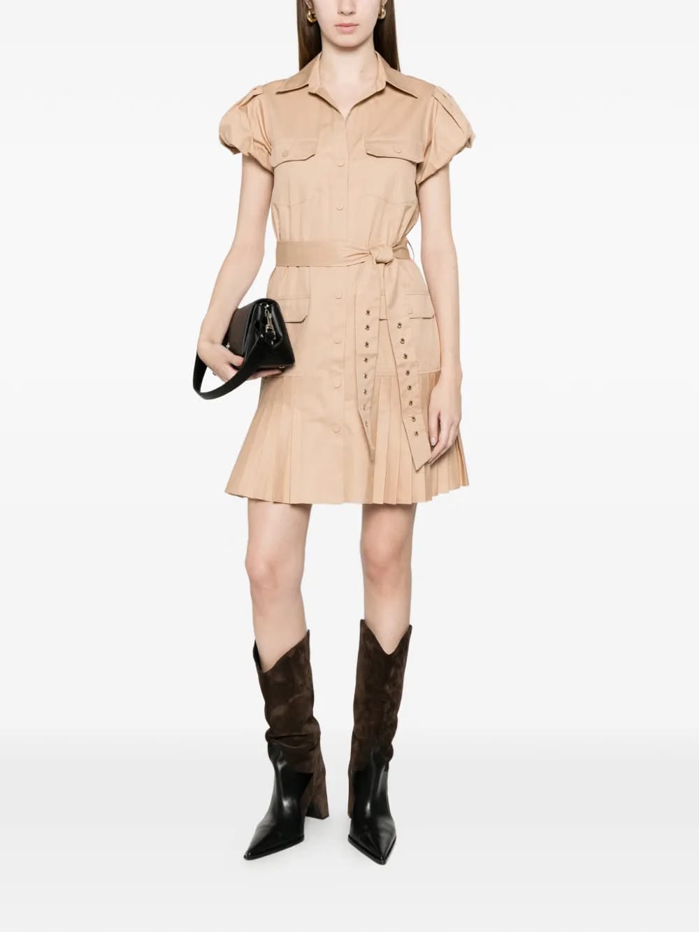 belted pleated mini dress