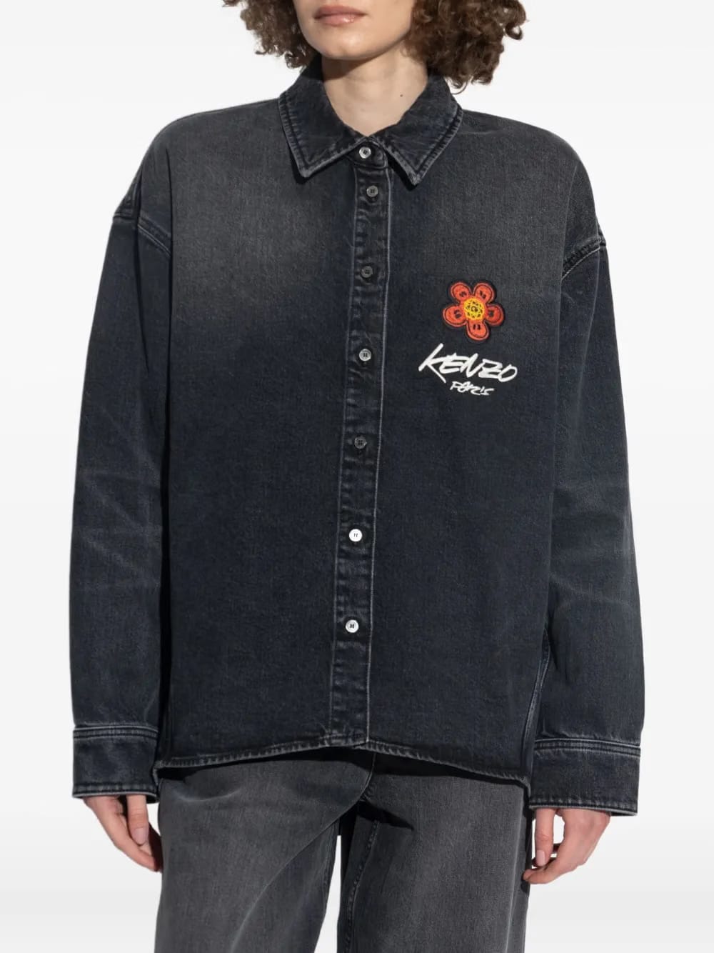 flower-embroidered denim shirt
