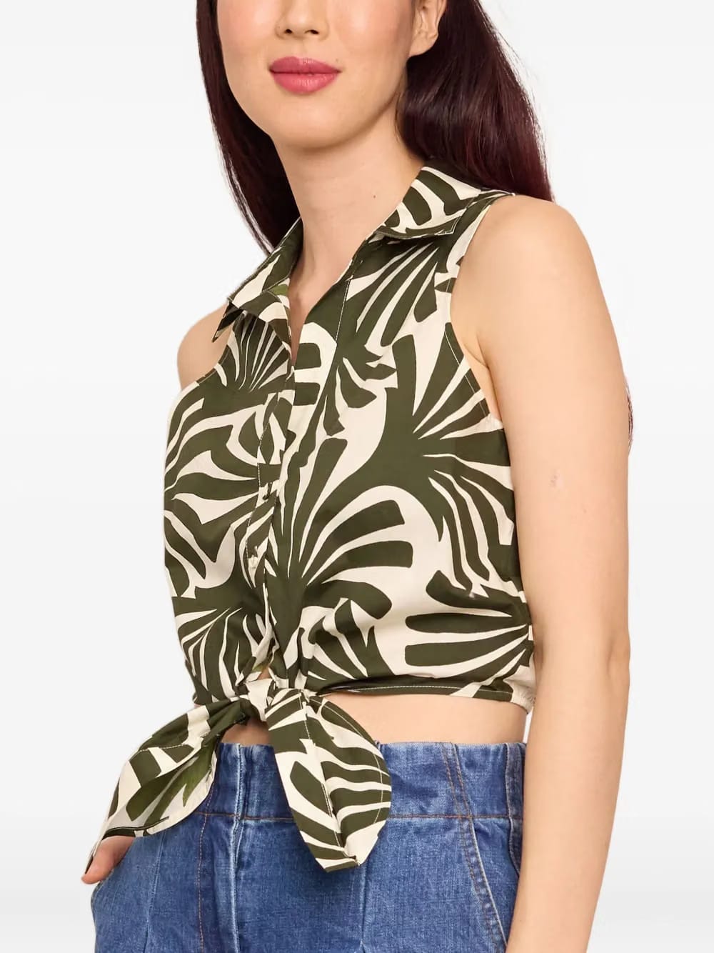 leafs-print tie-front shirt