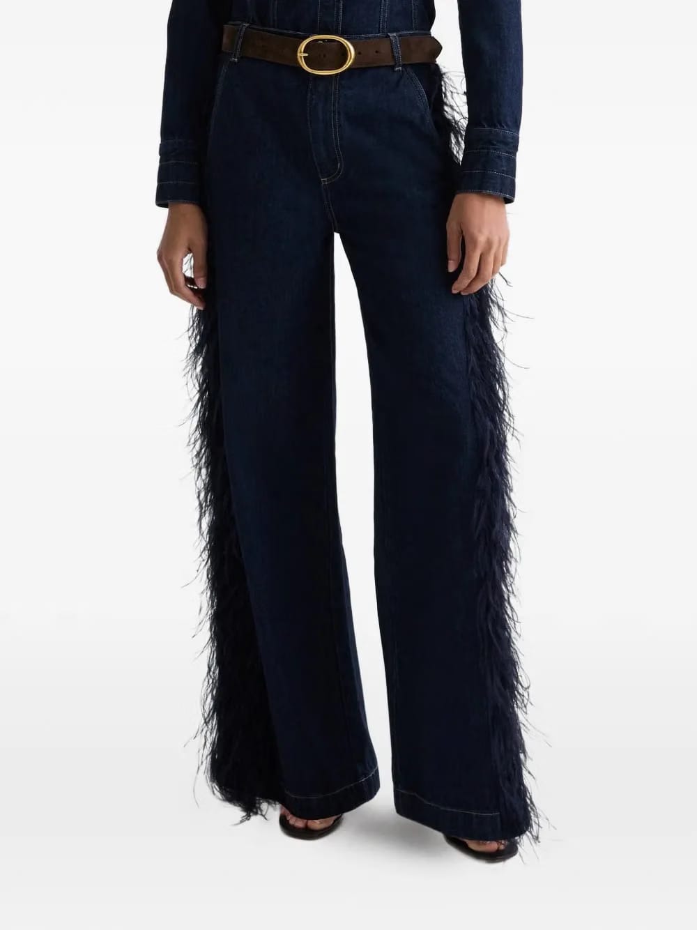 Mott St. feather-embellished jeans