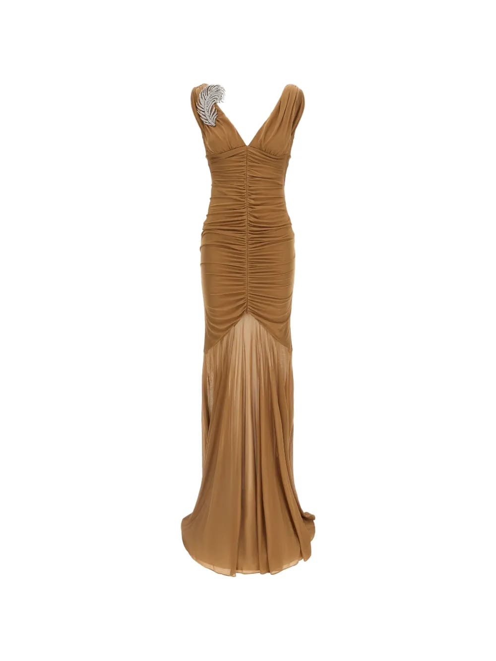 V-neck rhinestone-brooch maxi dress