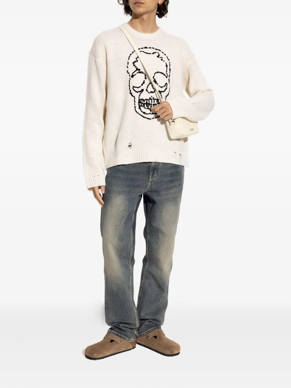 skull-embroidered distressed sweater