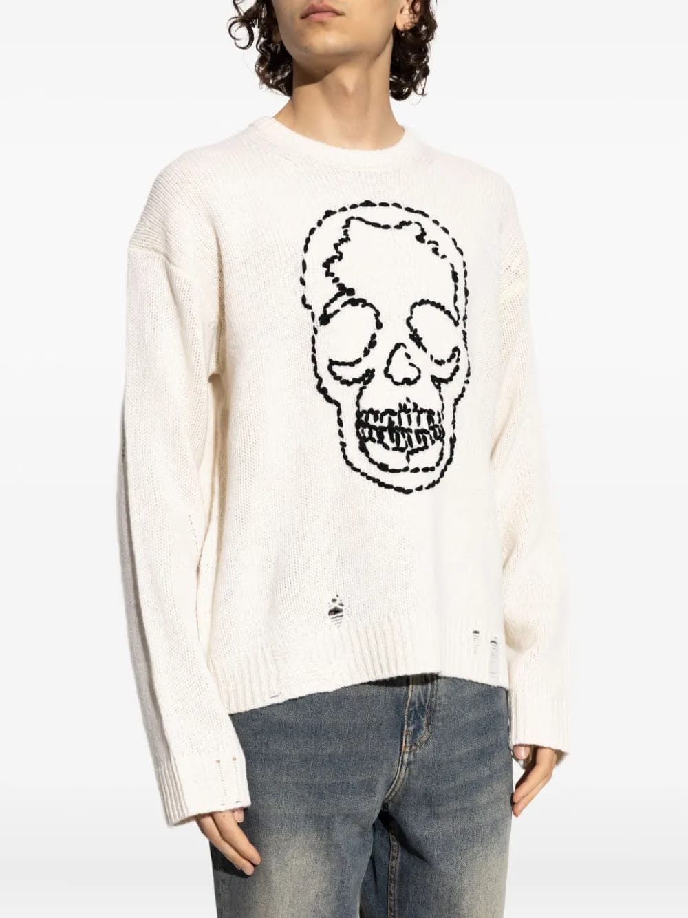 skull-embroidered distressed sweater