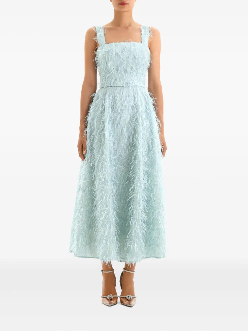 feather-embellished corset midi dress