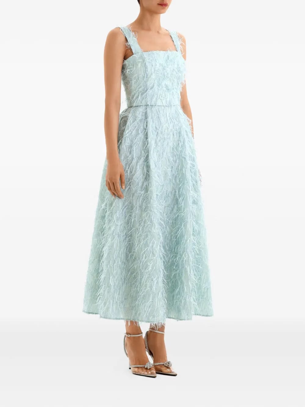 feather-embellished corset midi dress
