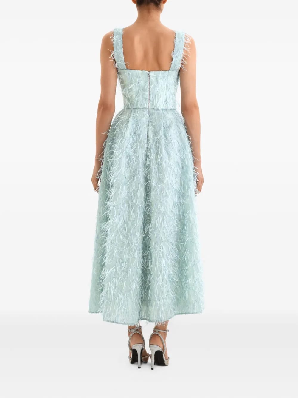 feather-embellished corset midi dress