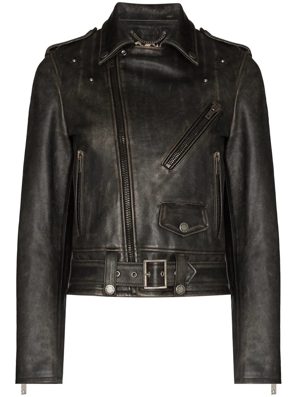 distressed-effect leather biker jacket