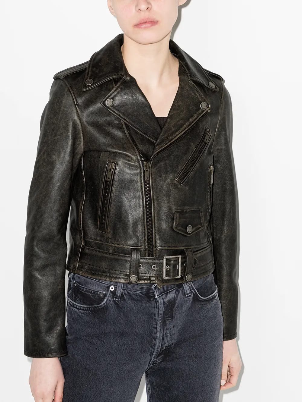 distressed-effect leather biker jacket