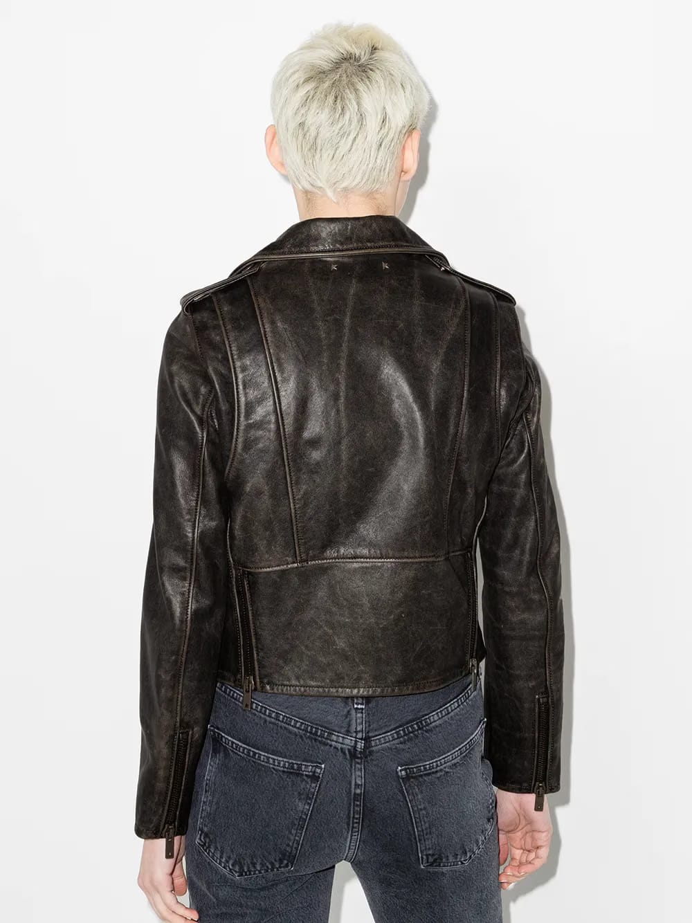 distressed-effect leather biker jacket