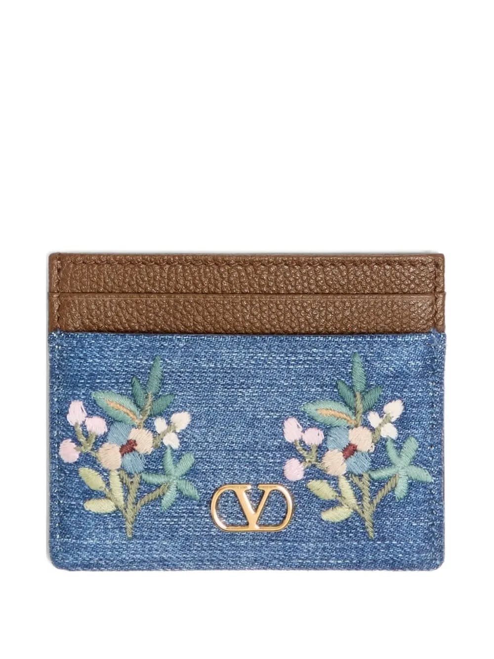 VLogo Signature card holder in denim with floral embroidery