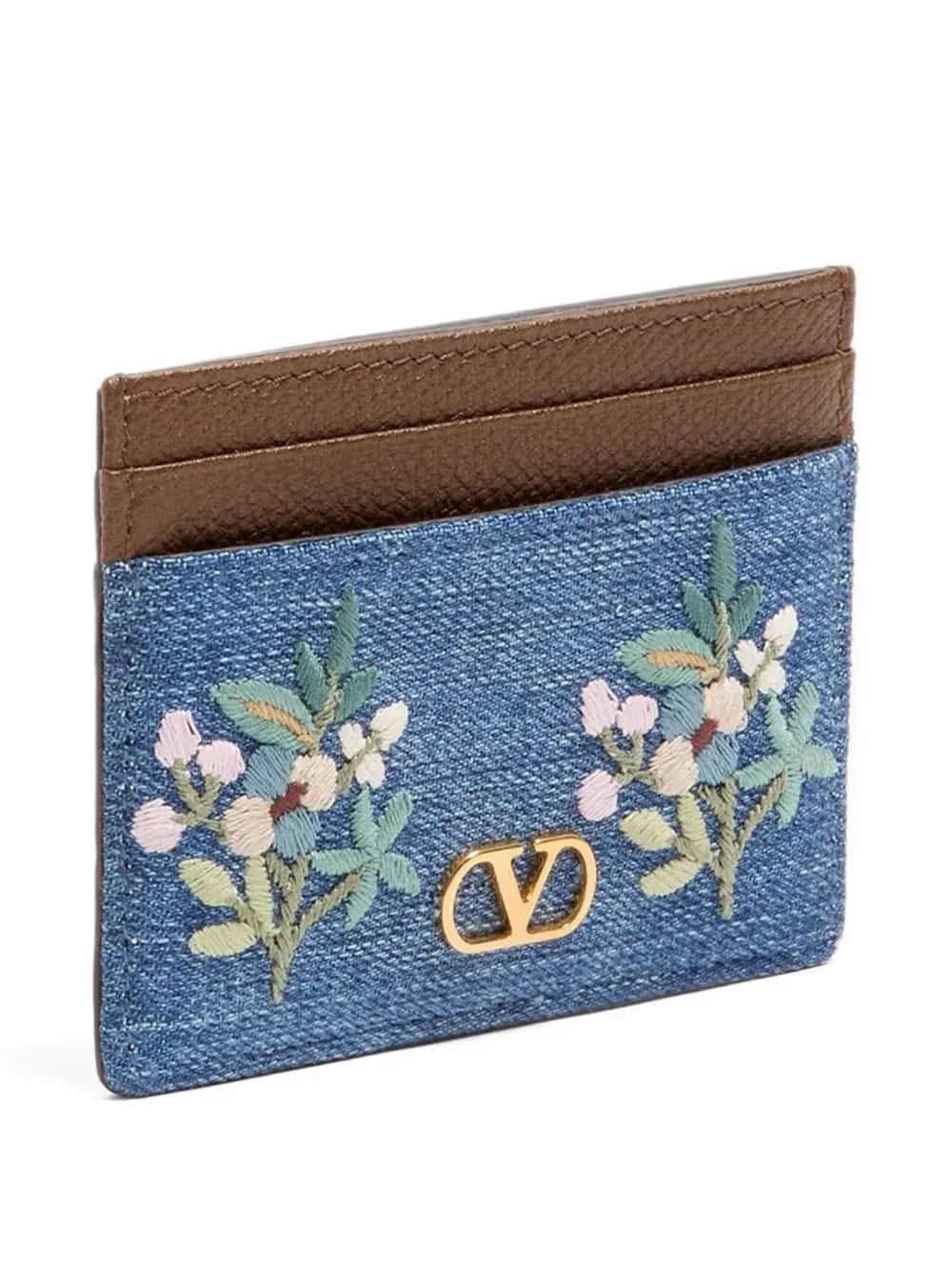VLogo Signature card holder in denim with floral embroidery