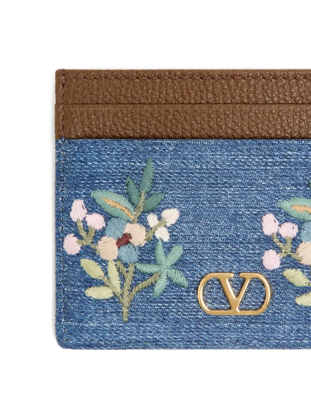 VLogo Signature card holder in denim with floral embroidery