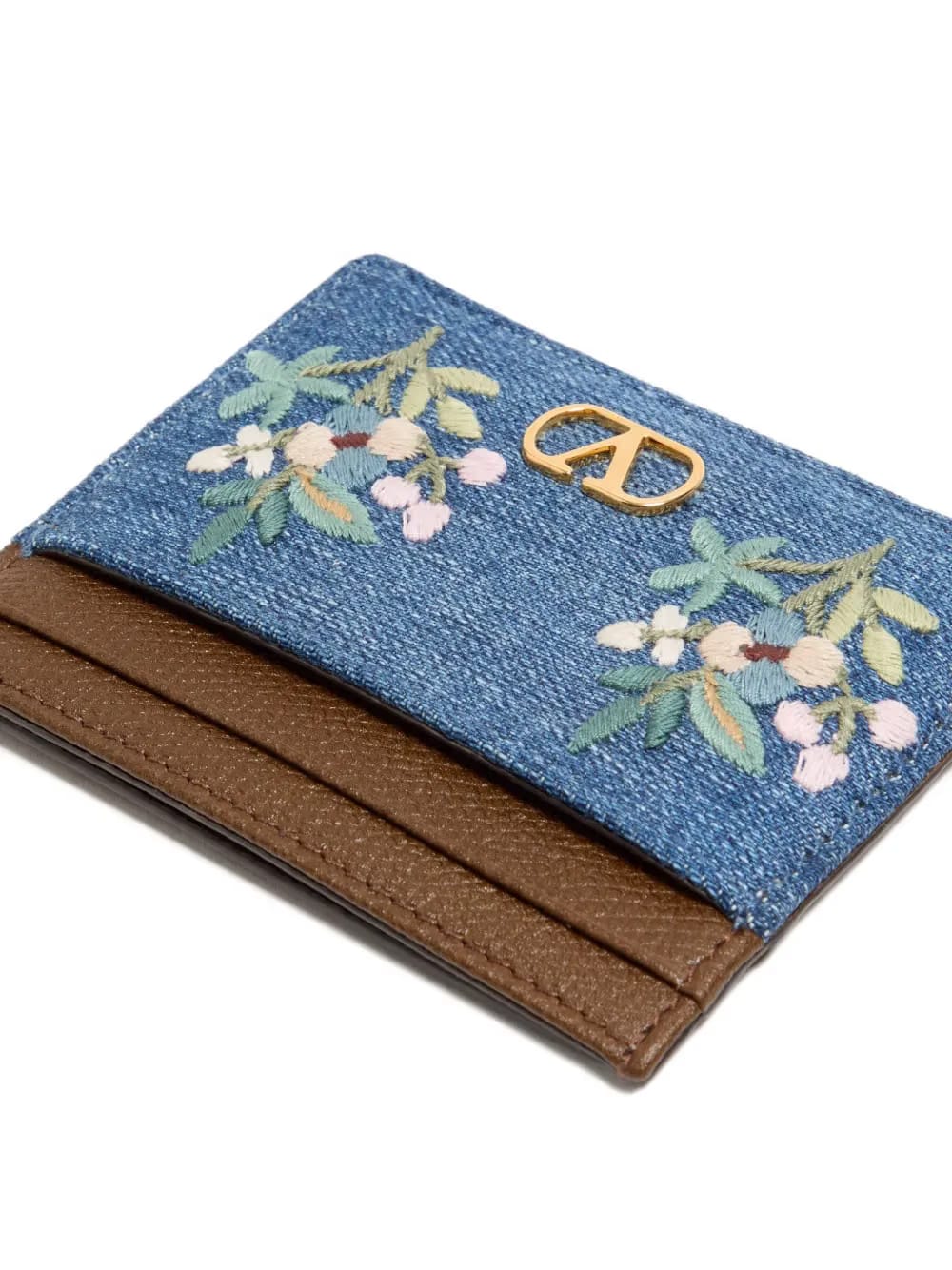 VLogo Signature card holder in denim with floral embroidery