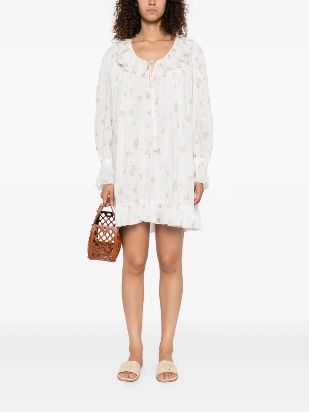 gathered floral-print cotton mini dress