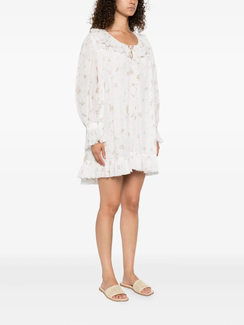 gathered floral-print cotton mini dress