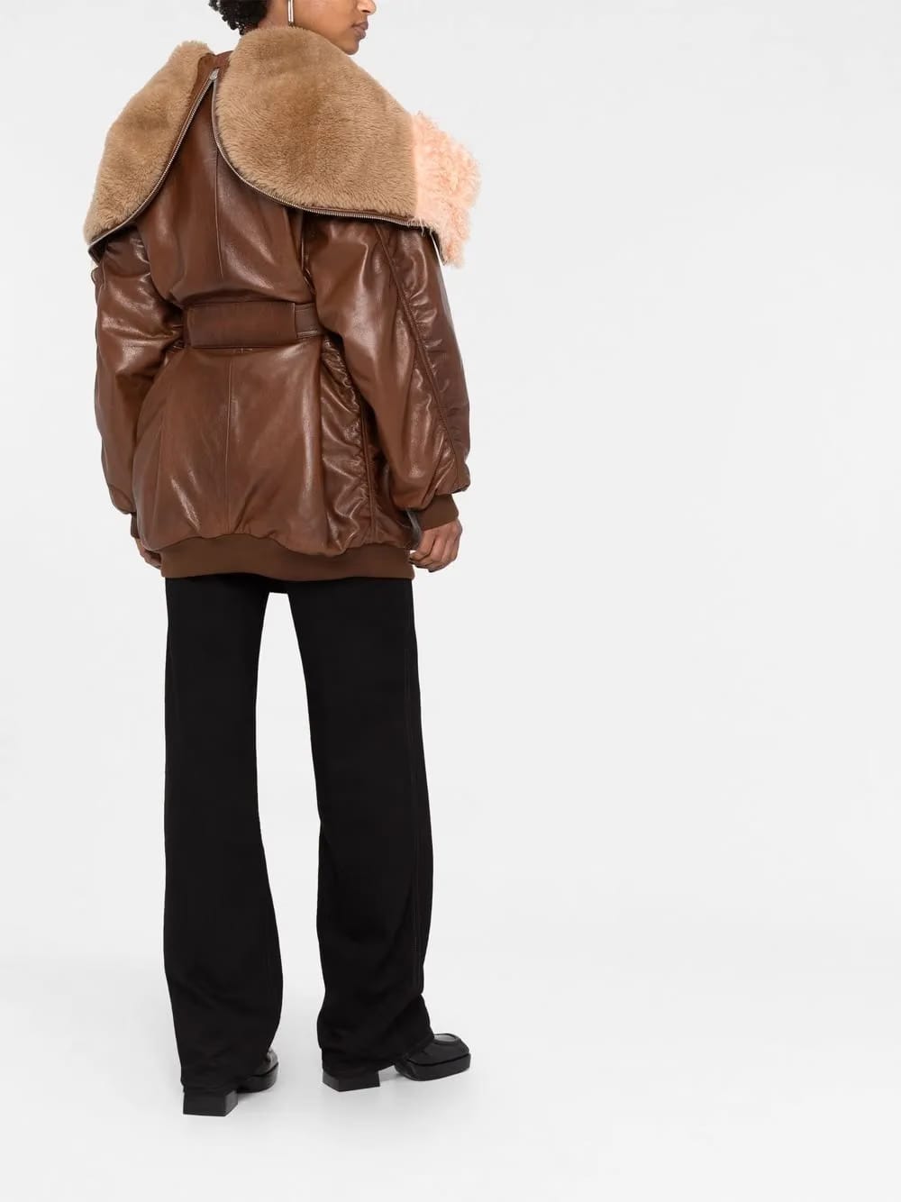shearling-trim zip-up leather jacket