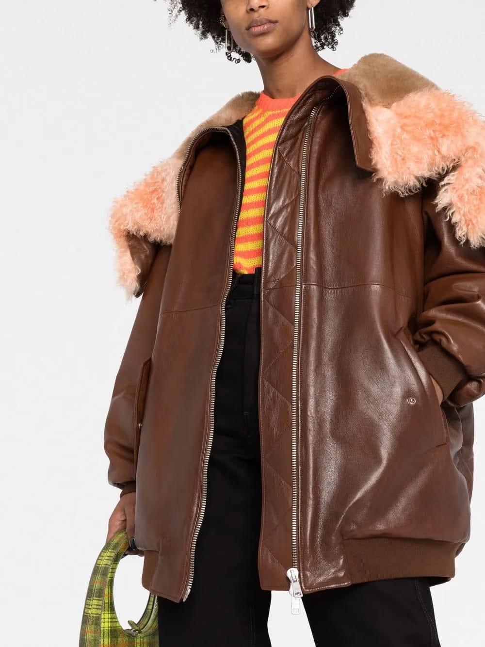 shearling-trim zip-up leather jacket