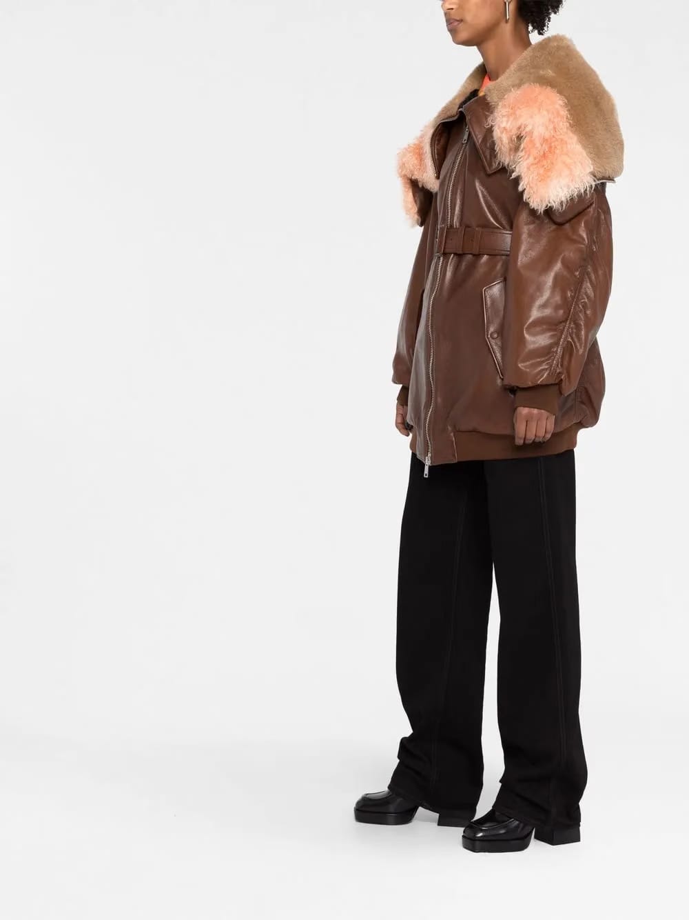 shearling-trim zip-up leather jacket