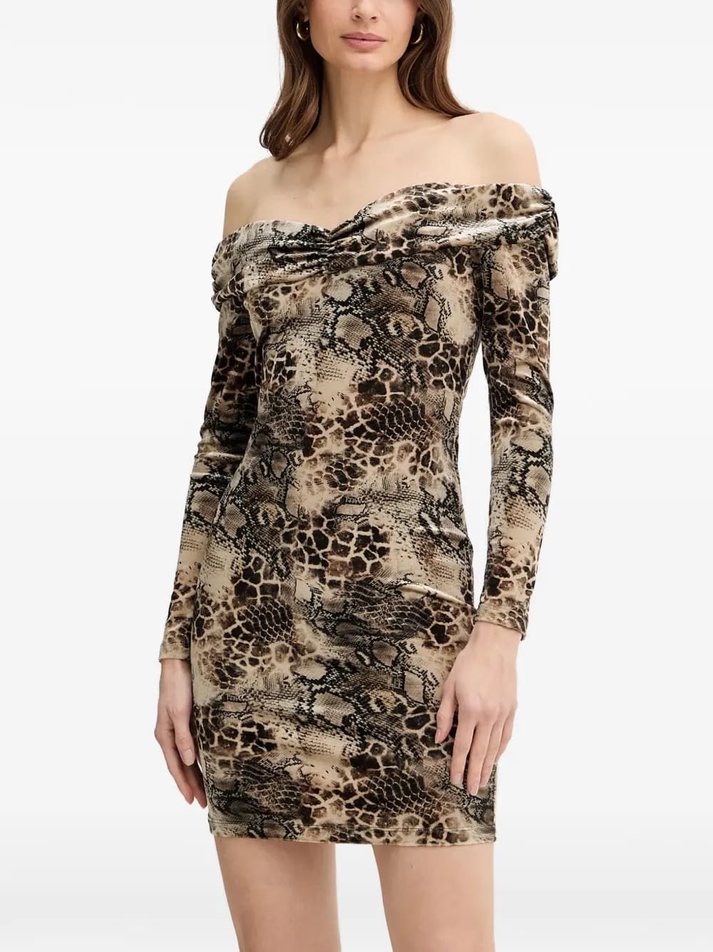 off-shoulder animal-print mini dress